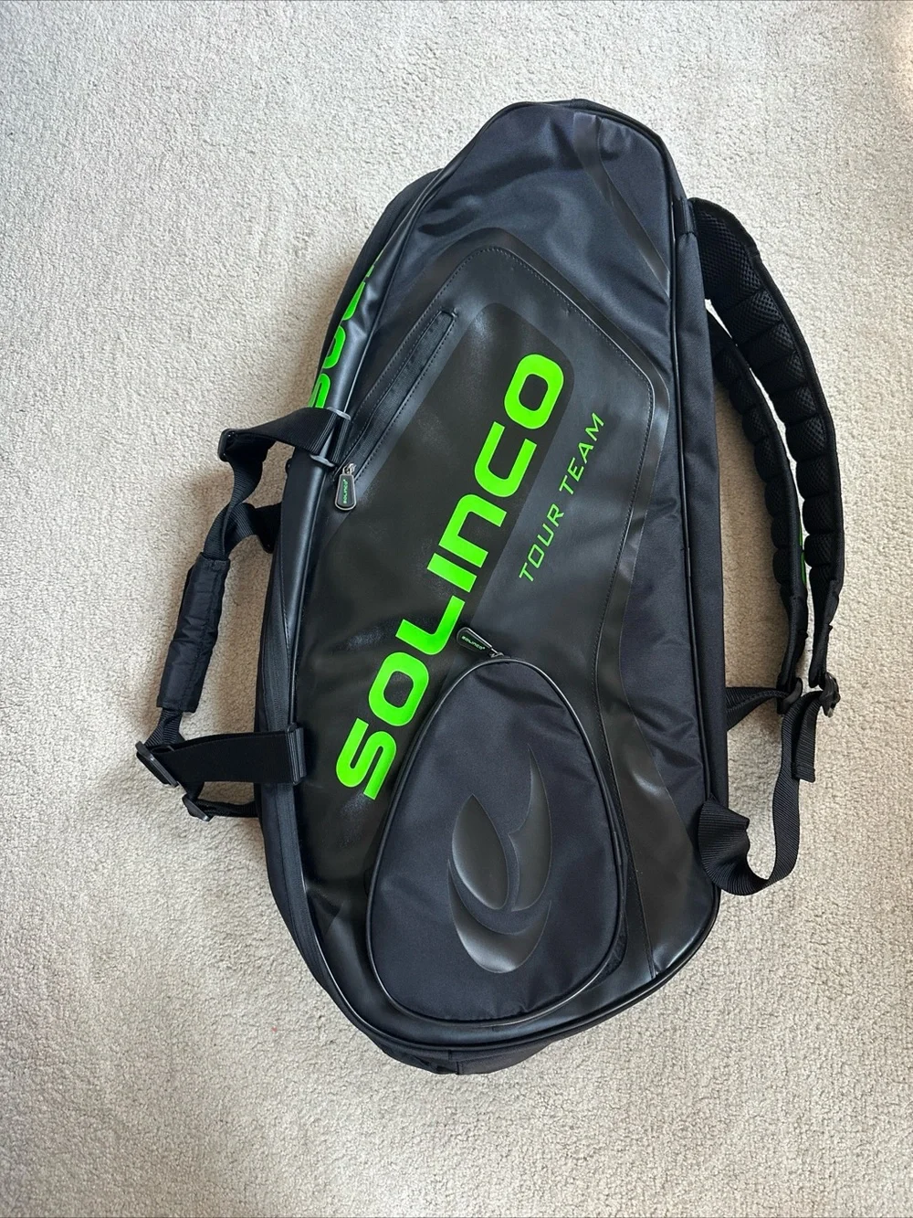 Solinco Tour Team Black & Neon Green Tennis Racquet Backpack 6 Pack Bag